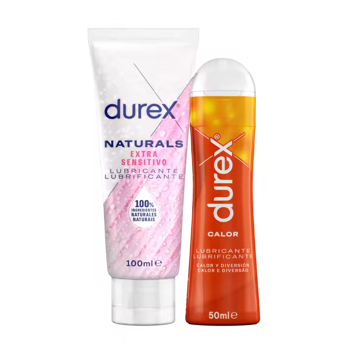 Durex - Pack Lubricante Efecto Calor 50 ml + Lubricante Naturals Extra Sensitivo 100 ml, Dermatológicamente Testado, Calor, Diversión - 1