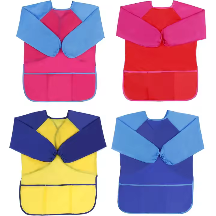 Delantal de pintura para niños delantal de pintura impermeable de 3 a 7 años delantal de manga larga para niños con 3 bolsillos para actividades escolares, pintura, cocina, Colorear 4 piezas - 1