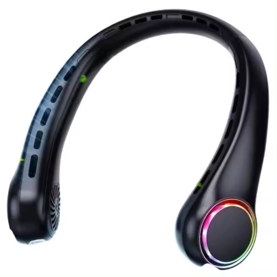 Ventilador de cuello - 4000 mAh - USB - Silencioso - 3 velocidades - Luz LED - Portátil - Apto para exteriores, interiores, camping, viajes y deportes - Negro - 1