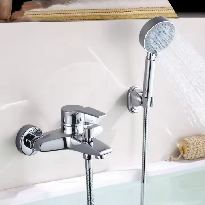 Grifo de bañera con ducha de mano cromado, mezclador de ducha en cascada con soporte y manguera, grifo de baño montado en la pared de 150 cm para baño - 1