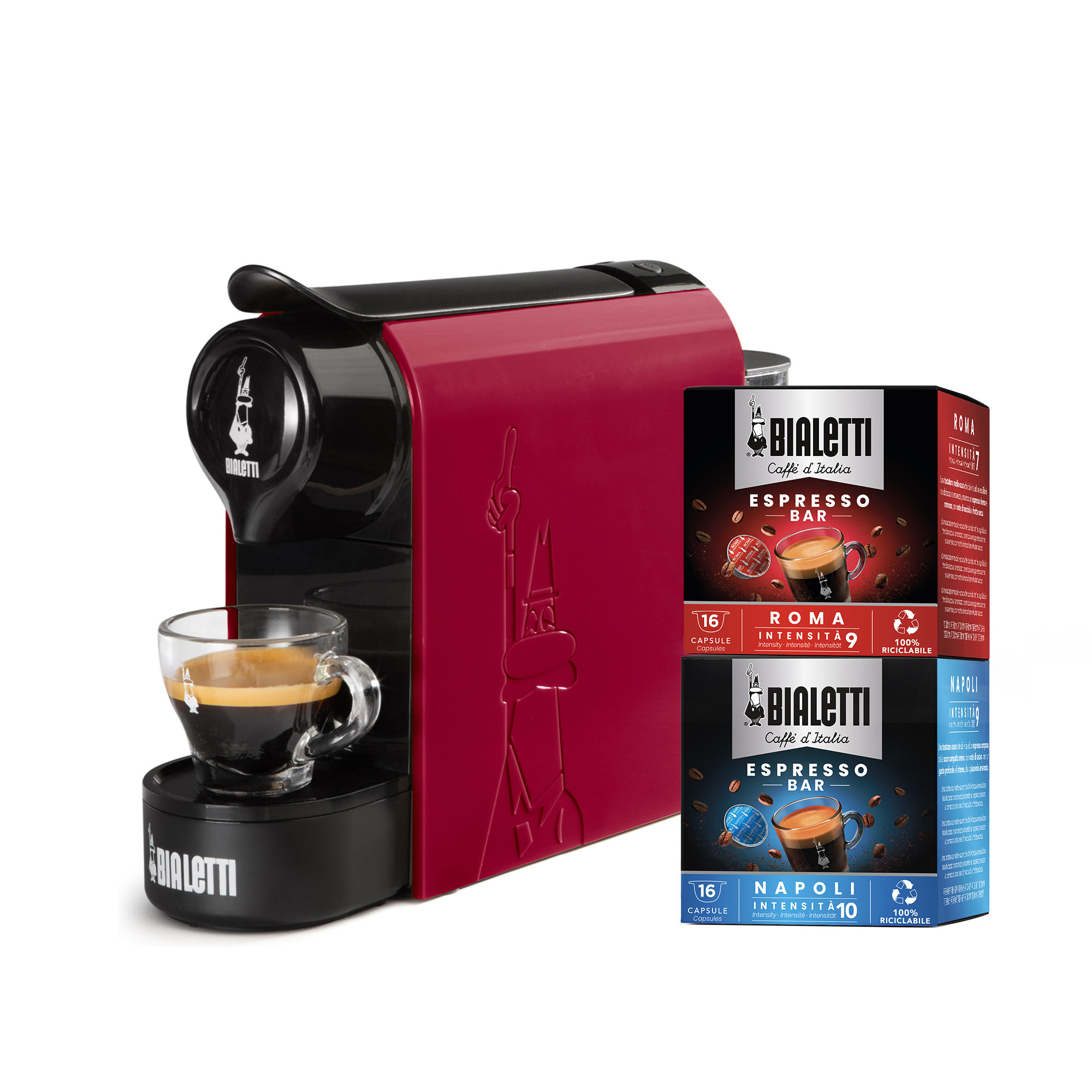 BIALETTI |+32 CAPS REGALO| Gioia Cafetera de cápsulas en Aluminio Bialetti Bundle Gioia Máquina de café Color Blanco, Rojo y Negro, Incluido 32 Cápsulas, Sarribaer-compacto, 500 ml Tanque, 1200W, utilizable solo con cápsulas Bialetti