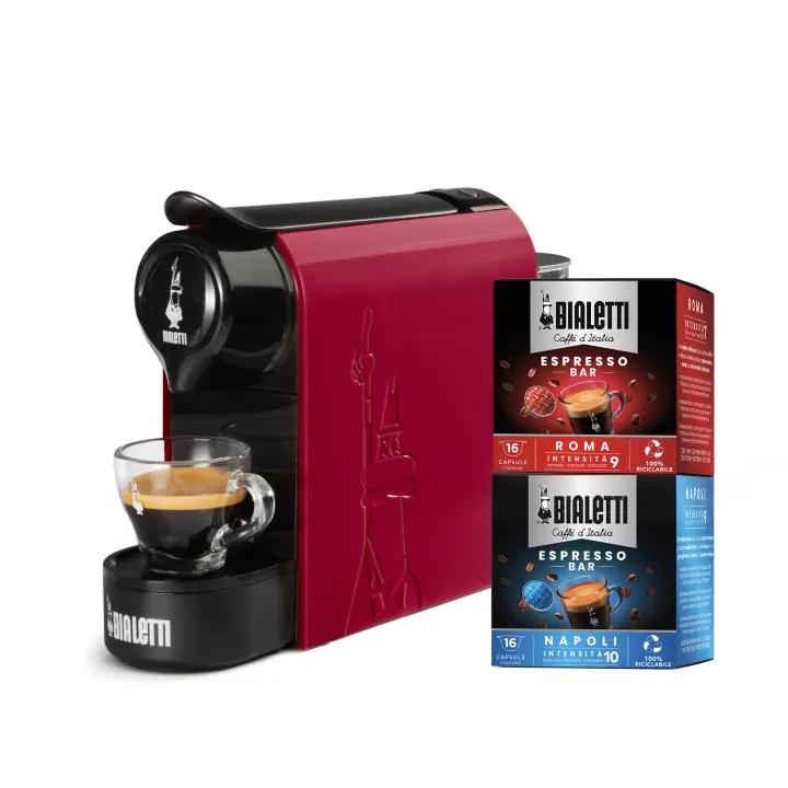 Gioia Máquina por Cápsulas en Aluminio Bialetti Bundle  Gioia Cafetera Color Blanco, Rojo y Negro, Incluido 32 Cápsulas, Sarribaer-compacto, 500 ml Tanque, 1200W, utilizable solo con cápsulas Bialetti  + 32 CAPS REGALO - 1