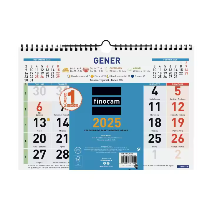 Finocam - Calendario Color de Pared Números Grandes 2025 Color Enero 2025 - Diciembre 2025 (12 meses) Catalán - 1