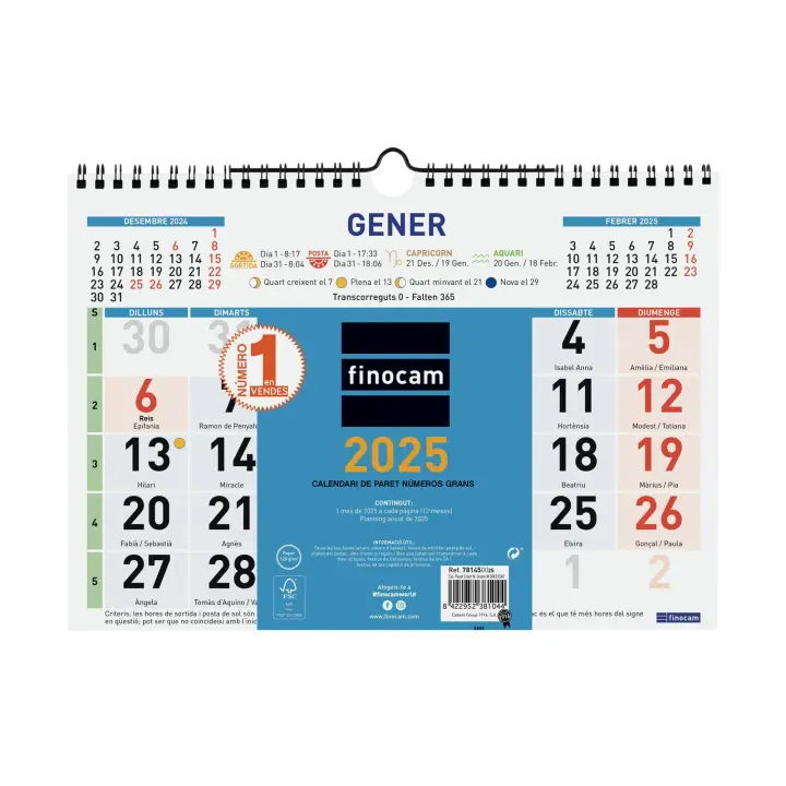 Finocam - Calendario Color de Pared Números Grandes 2025 Color Enero 2025 - Diciembre 2025 (12 meses) Catalán - 1