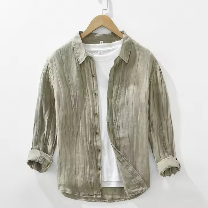 Camisa De Lino 100% Para Hombre Diseño Vintage Con Mangas Largas Cuello En V Casual Botones Ocultos Moda Moderna Para Oficina Y Uso Diario - 1