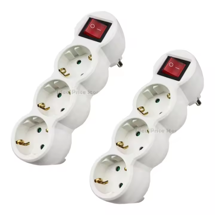 DISTRIBUX Pack de 2 Adaptador plano con interruptor y 3 enchufes SCHUKO - Ladron enchufes de 3 tomas - 1