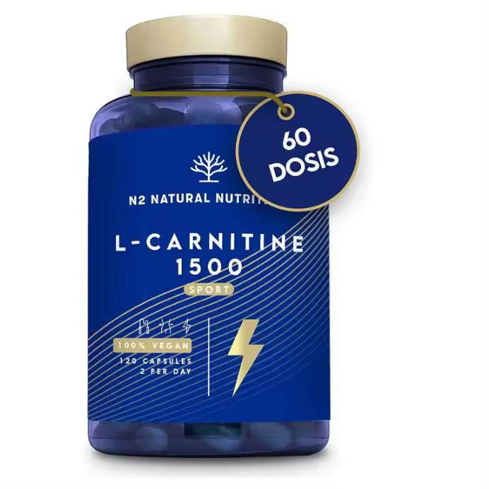 L Carnitina Natural 1500 mg 120 Cápsulas, 100% Natural, Suplemento Deportivo. Pre Workout Gym, Mejora Energía, Resistencia y Rendimiento. Sin Azucar. N2 Natural Nutrition - 1