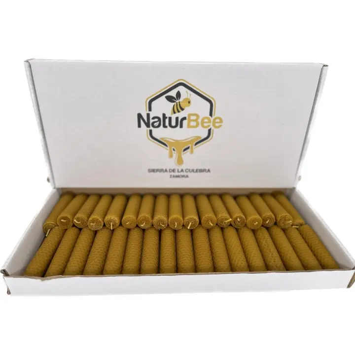 NaturBee-Vela de Miel de Abeja Natural. Velas de Cera de Abeja Pura (Pack de 35 velas 10 cm x 2,4 cm)+ 2 Palo Santo - SIN PARAFINA - 100% Artesanal,Origen Sierra de La Culebra y Sanabria (Zamora) España. - 1