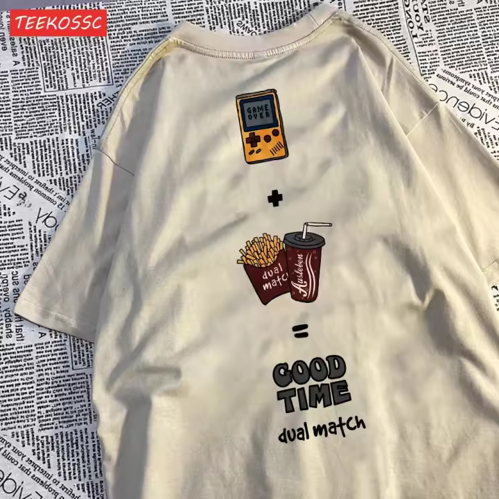 Camiseta De Algodón Transpirable Para Hombre Con Estampado De Consola De Juegos Patatas Fritas Y Cola Camiseta Casual De Verano Sin Capucha - 1