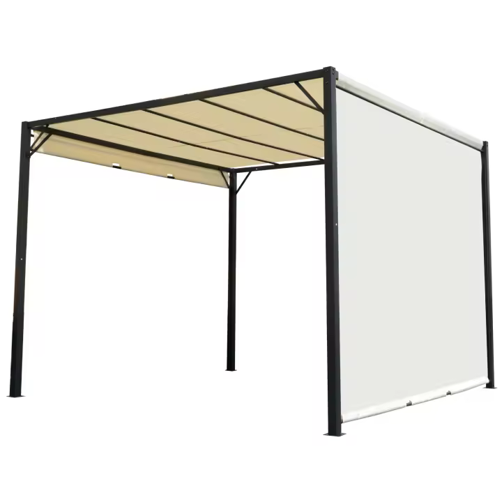 Outsunny Pérgola 2,95x2,95 m Gazebo Cenador con Techo Retráctil y Pared Lateral Acero Versátil para Jardín Patio o Terraza Tela Poliéster Crema - 1
