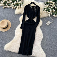 Vestido Largo Vintage De Cintura Alta REALEFT Para Mujer Con Cuello Redondo Manga Larga Y Abertura Lateral Vestido De Encaje Tricotado - details 6