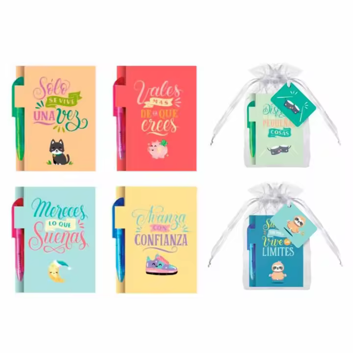 Lote de 24 MINI LIBRETA CON BOLÍGRAFO FRASES EN BOLSITA - Detalles, regalos para bodas originales, regalos cumpleaños adolescentes, niños, niñas mujeres navidades - 1