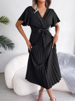 Vestido Maxi Elegante De Cintura Alta Con Volantes Y Mangas De Mariposa Para Mujer Vestido De Fiesta Casual De Polyester - details 6