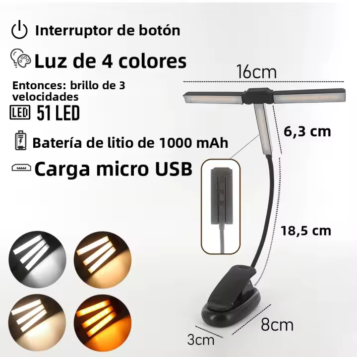 Lámpara De Lectura LED Tri-Head Clip 51 LEDs Recargable 1000mAh 4 Colores Luz Nocturna Para Libros Protección Ocular Para Dormitorio - 1