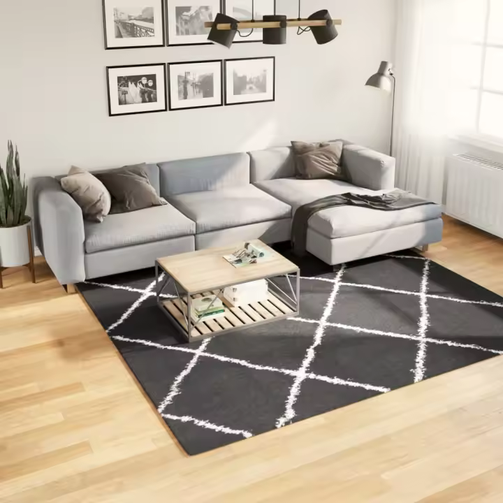 vidaXL Alfombra de pelo largo moderna negro y crema 240x240 cm - 1