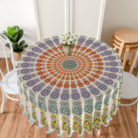 Mantel Redondo Peacock Mandala Impermeable De 63 Pulgadas Para Mesa Al Aire Libre Y Interior En Colores Morado Rojo Amarillo Y Azul Estilo Clásico Para Banquete Fiesta Y Wedding - details 7