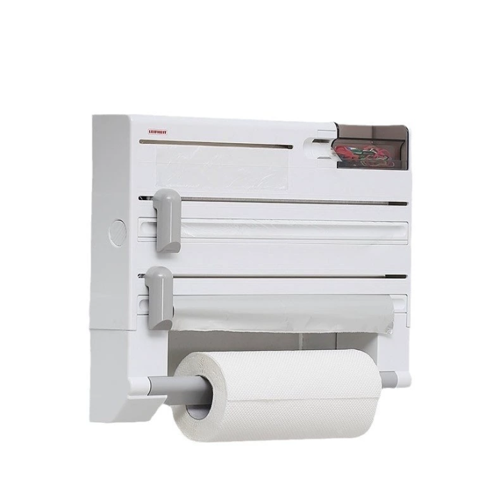 BIT Portarrollos de Cocina 4 en 1 de Pared, Portarrollos de Papel de Cocina Colgante, Dispensador de Papel Transparente y Impermeable, Portarrollos de Papel de Pared Parat, Film y Aluminio (Gris)