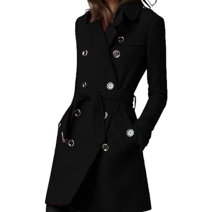 Abrigo De Mujer En Lino Y Lana Doblemente Abrillantado Con Cinturón Y Etiqueta En Hombro Casual Streetwear De Otoño Invierno - 1