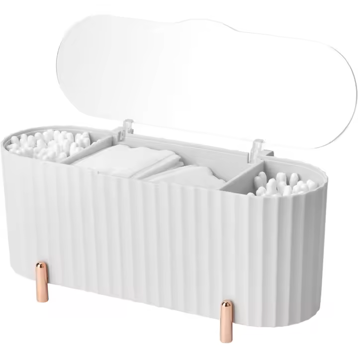 Soporte dispensador de almohadillas de Algodón, almacenamiento de almohadillas de Algodón con 3 compartimientos, dispensador de hisopos de Algodón con Caja de almacenamiento con tapa para tocador, juego Organizador de maquillaje - 1