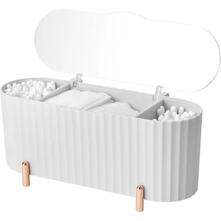 Soporte dispensador de almohadillas de Algodón, almacenamiento de almohadillas de Algodón con 3 compartimientos, dispensador de hisopos de Algodón con Caja de almacenamiento con tapa para tocador, juego Organizador de maquillaje - 1