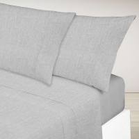 Manterol - Juego de sábanas lisas efecto lavado, calidad 100% Algodón, incluye bajera ajustable, encimera y fundas de almohada, tejido de calidad transpirable y duradero, colores beige, azul y gris. - details 3
