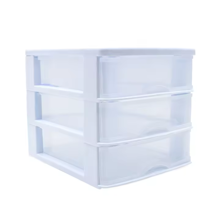 CABLEPELADO Torre de almacenamiento con 3 cajones sobremesa, Organizador de escritorio, Caja de almacenamiento de escritorio,18 cm alto x 17.7 cm ancho x 21.5 cm fondo, Blanco y cajones transparentes - 1