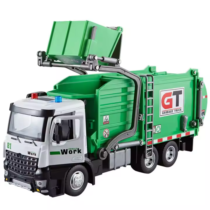 Camión De Basura a Escala 1:24 Con Sonido Y Luz Vehículo De Transporte De Ingeniería a Escala Juguete De Coche De Aleación Para Colección Y Regalos Verde Metal + Chasis De Plástico + Neumáticos De Goma - 1