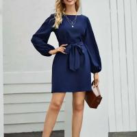 Vestido De Mujer Talla Grande De Chiffon Color Sólido Moda 2021 Manga Farol Suéter Cinturón A-Línea Cuello Redondo Largo Hasta La Rodilla - details 2