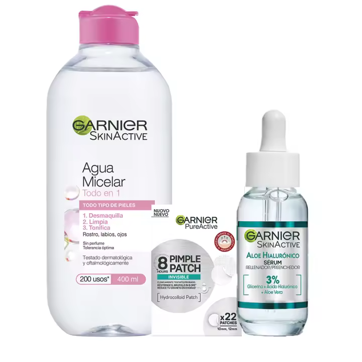 GARNIER | Rutina Cuidado de Noche con Agua Micelar Clasica de 400ml + Sérum Aloe Hialurónico hidratante y rellenador + Pimple Patch 22 und para reducir el granito en 8h - 1