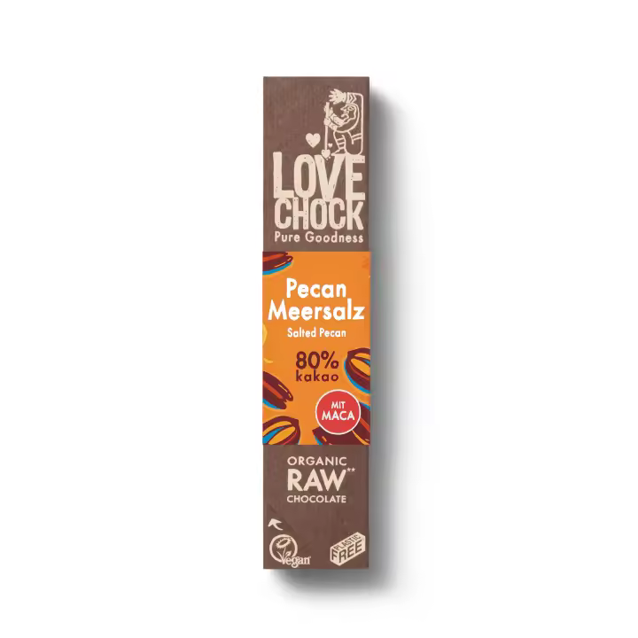 Lovechock - Barrita de Chocolate Negro 80% con Nuez Pecana y Sal Marina - Ecológico, sin azúcar refinada, sin gluten, y sin lácteos - 1
