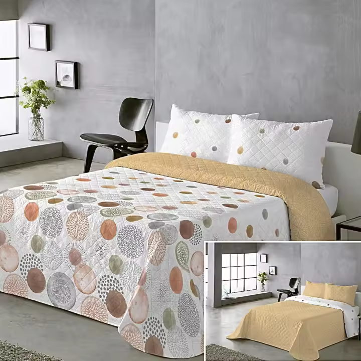 Colcha Doble Cara Primavera Verano Amarillo - Lunares y Sólido | Tallas Cama 90, 105(1 Funda) y Cama 135 150(2 Fundas) |  Termosellado Industrial | Incluye Fundas de Almohada  | Termosellada No hace bolitas y Fácil Planchado - 1