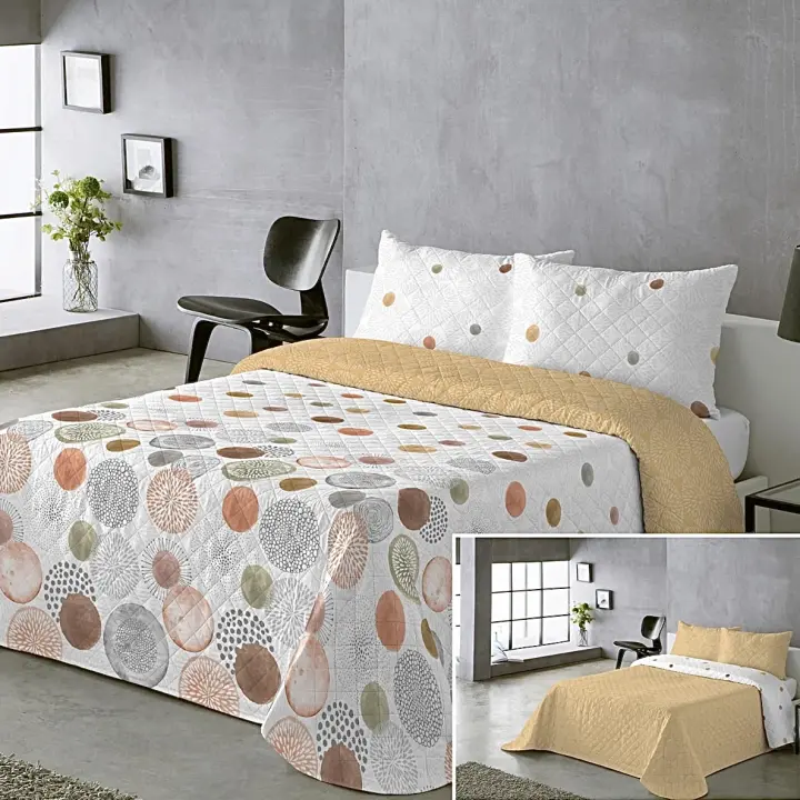 Colcha Doble Cara Primavera Verano Amarillo - Lunares y Sólido | Tallas Cama 90, 105(1 Funda) y Cama 135 150(2 Fundas) |  Termosellado Industrial | Incluye Fundas de Almohada  | Termosellada No hace bolitas y Fácil Planchado - 1