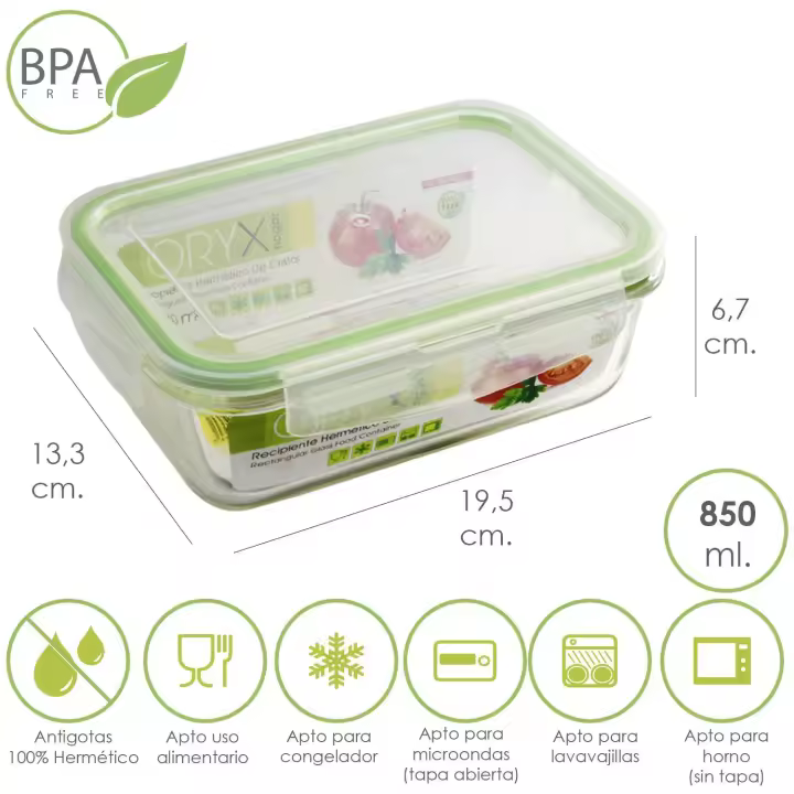 Recipiente hermetico cristal rectangular 850 ml. 19.5 x 13.3 x 6.7 (alt) cm. - 1