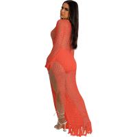 Vestido Midi Bodycon De Encaje Con Borlas Y Manga Larga Para Mujer Estilo Playa Fashion Hollow out Y Abertura Lateral Alta - details 14