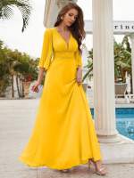 Vestido De Novia Maxi Unithorse Con Cuello Encaje Manga Larga Estilo Elegante Para Damas De Honor Material Poliéster Silueta A-Line - details 11