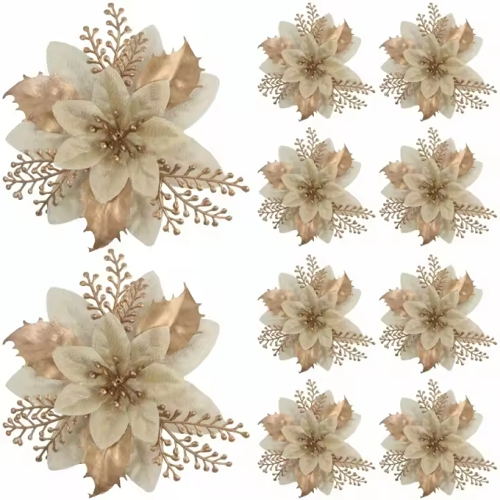 12pcs Flores De Poinsettia Artificiales - Sin Plumas Plásticas Ni Brillo Decoraciones De Navidad Para Árbol Corona Guirnalda - 1