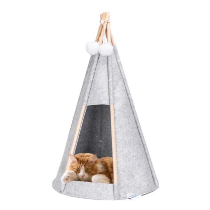 ienda para gatos L59xW50xH70cm / L49xW49xH77cm Tipi para gato Gris Tipi para Perros Casita Cama Gatos y Perros Pequeños, Tienda, Fieltro y Madera Casa para mascota pequeña