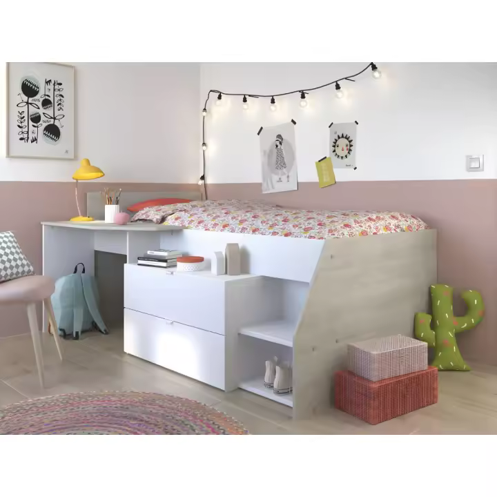 Vente-unique - Cama con escritorio y compartimentos - 90x 190/200cm - Blanco y natural - GISELE - 1