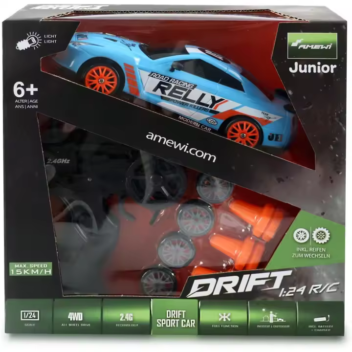 Amewi Drift Sport Coche 4WD 1:24 RTR Azul RC Control Remoto. Coche teledirigido. 15KM/H. coche de drifting de gran velocidad a bateria con accesorios - 1