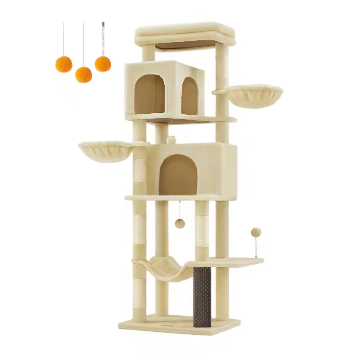 Feandrea Árbol para Gatos, Torre para Arañar de 175 cm de Altura, Multinivel con 2 Cuevas, 2 Cestas, 5 Rascadores, Alfombra, Plataforma, Hamaca, Gris Paloma/Gris Oscuro/Beige Arena - 1