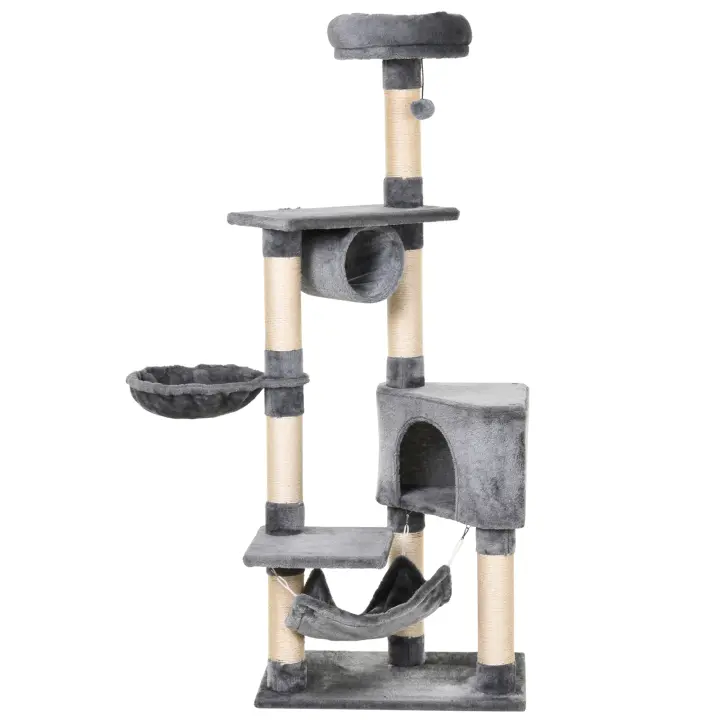 PawHut Árbol Rascador para Gatos 154 cm de Altura Escalador con Plataformas Túnel Hamaca y Postes de Rascado de Sisal, Gris - 1