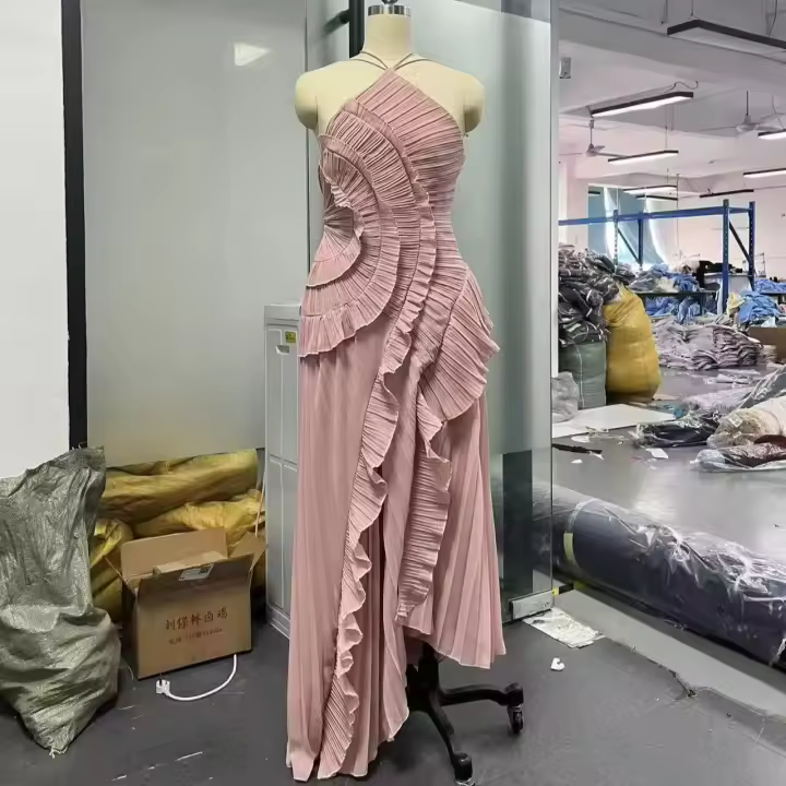 Vestido Maxi De Chiffon Irregular Con Cuello Halter Para Mujer Vestido De Fiesta De Verano Con Borde De Loto Alta Calidad Vestido De Vacaciones - 1