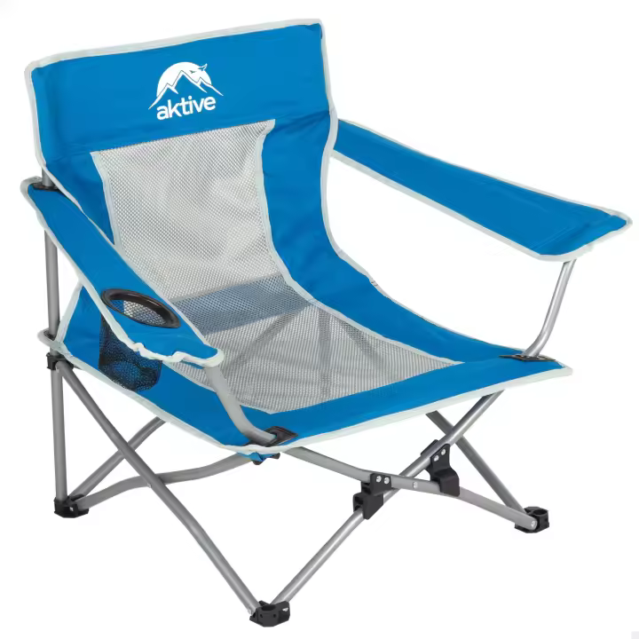 Aktive - Silla plegable camping, 49x46x60 cm, color azul, asiento bajo, portavasos, antivuelco, soporta 110 kg, estructura de acero, tejido de poliéster, correa de hombro, plegado en acordeón, sillas plegables - 1
