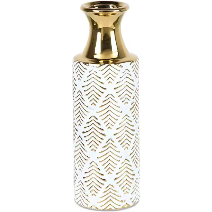 Jarrón Cerámica Decorado Rombos Blanco y Dorado 31cm - 1