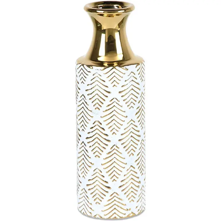 Jarrón Cerámica Decorado Rombos Blanco y Dorado 31cm - 1