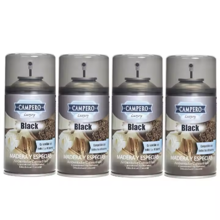 CAMPERO Tronic Luxury, Ambientador Black Madera y Especias En Aerosol 250ml, Pack 4 Recambios, Dosificador Automático, Apto Para Todos Los Difusores Del Mercado, Aroma Intenso y Duradero - 1