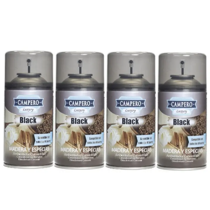 CAMPERO Tronic Luxury, Ambientador Black Madera y Especias En Aerosol 250ml, Pack 4 Recambios, Dosificador Automático, Apto Para Todos Los Difusores Del Mercado, Aroma Intenso y Duradero - 1