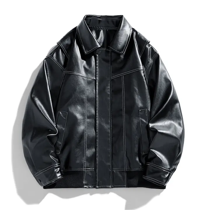 Man Locomotive Clothes Fashion Flip Collar Solid Comfortable Leather Clothing Autumn Winter New Simplicity Big Pocket Jacket Man - 1