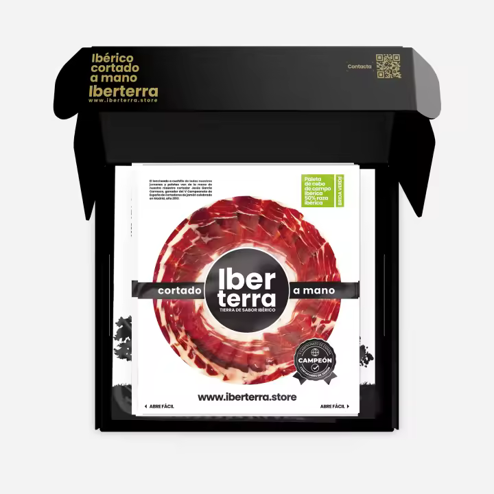 Paleta Cebo Campo 50% Ibérico loncheado a cuchillo envasado al vacío IBERTERRA. 5 sobres x 100 grs y 24 meses de curación. - 1
