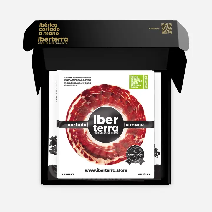 Paleta Cebo Campo 50% Ibérico loncheado a cuchillo envasado al vacío IBERTERRA. 5 sobres x 100 grs y 24 meses de curación. - 1